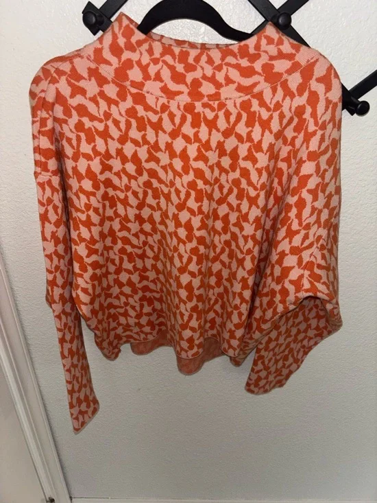 Maeve Anthropologie Orange Pink Pattern Knit Sweater Bell Sleeve Large - Picture 2 of 4